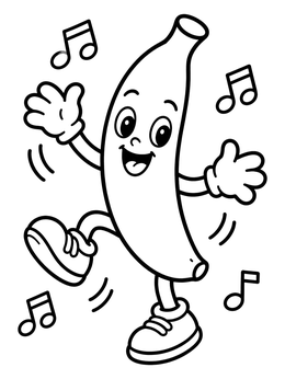 A joyful dancing banana coloring page with sneakers, gloves, and musical notes.