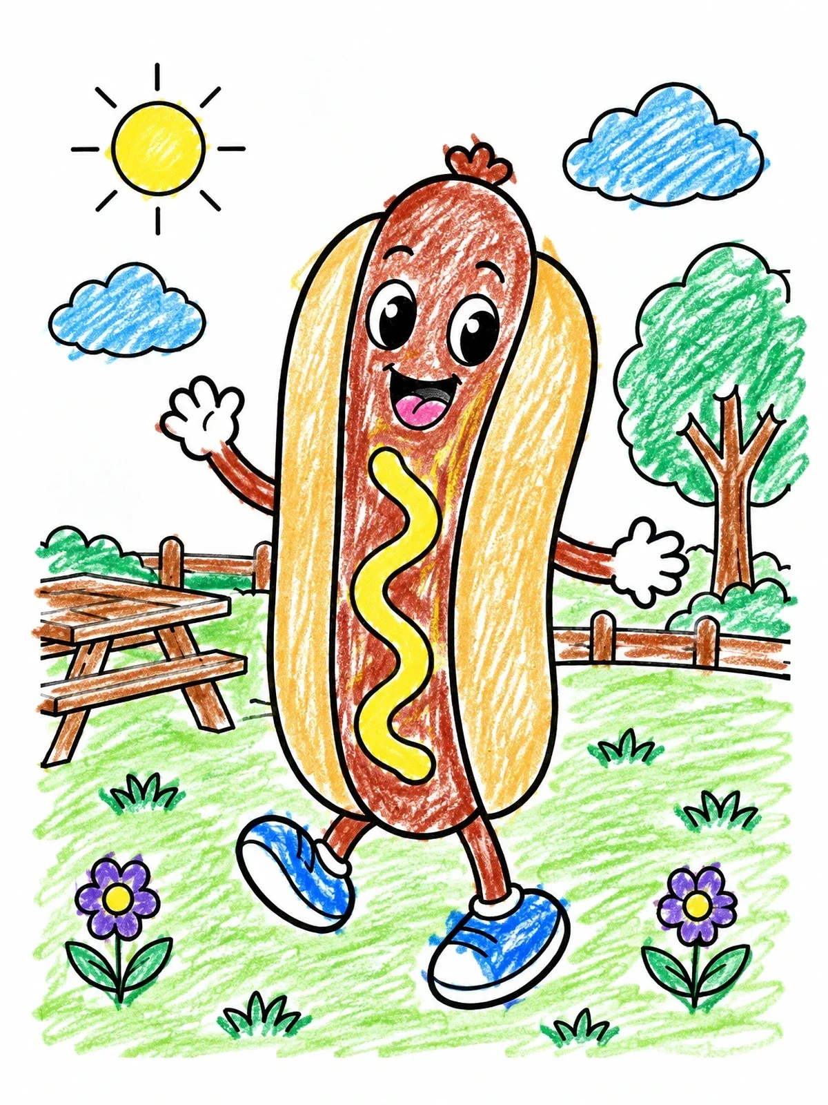 Colored example of the Happy Dancing Hot Dog In The Park coloring page