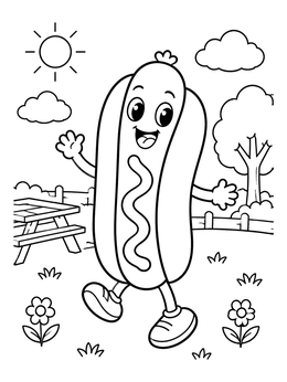 Free printable Happy Dancing Hot Dog In The Park coloring page