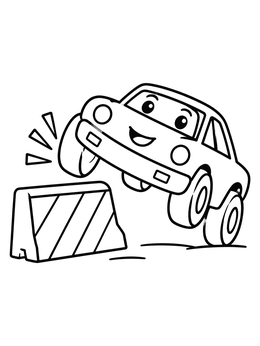 A friendly derby car coloring page featuring a smiling vehicle jumping over a road barrier.