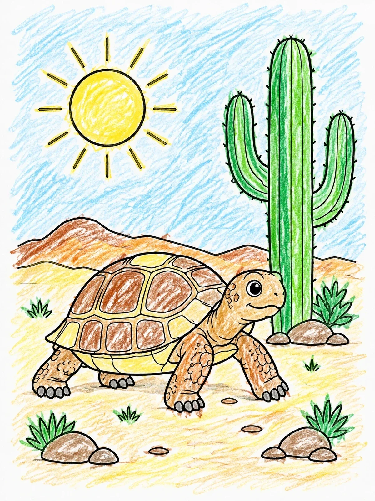 Colored example of the Happy Desert Tortoise By Cactus coloring page
