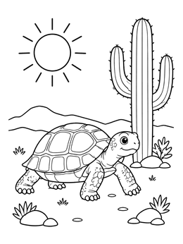 Free printable Happy Desert Tortoise By Cactus coloring page