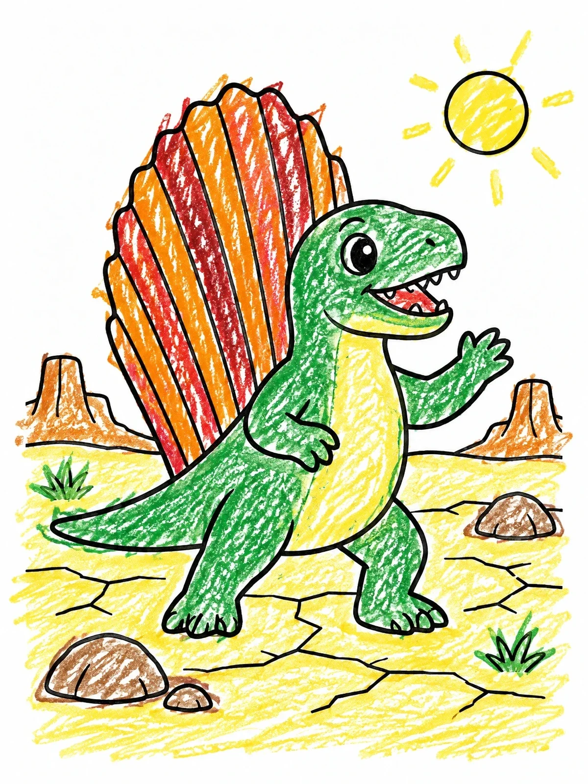 Colored example of the Happy Dimetrodon In The Desert coloring page