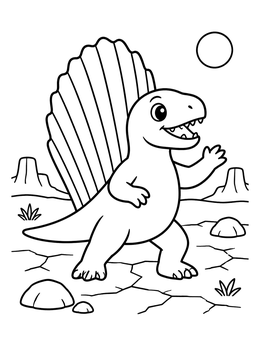 A friendly dimetrodon coloring page showing the cartoon dinosaur waving in a sunny desert.