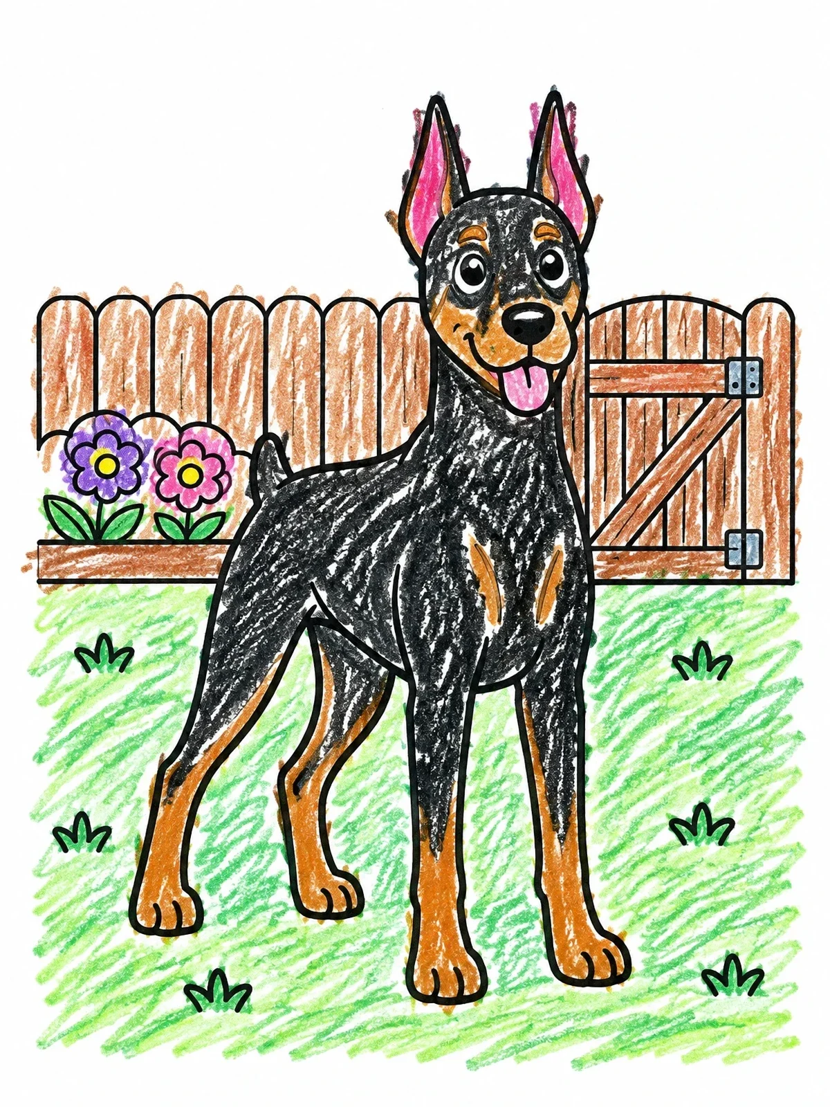Colored example of the Happy Doberman In The Backyard coloring page
