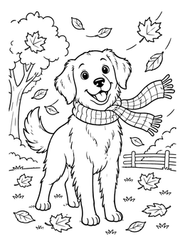 A cheerful dog coloring page showing a golden retriever wearing a scarf in falling autumn leaves.