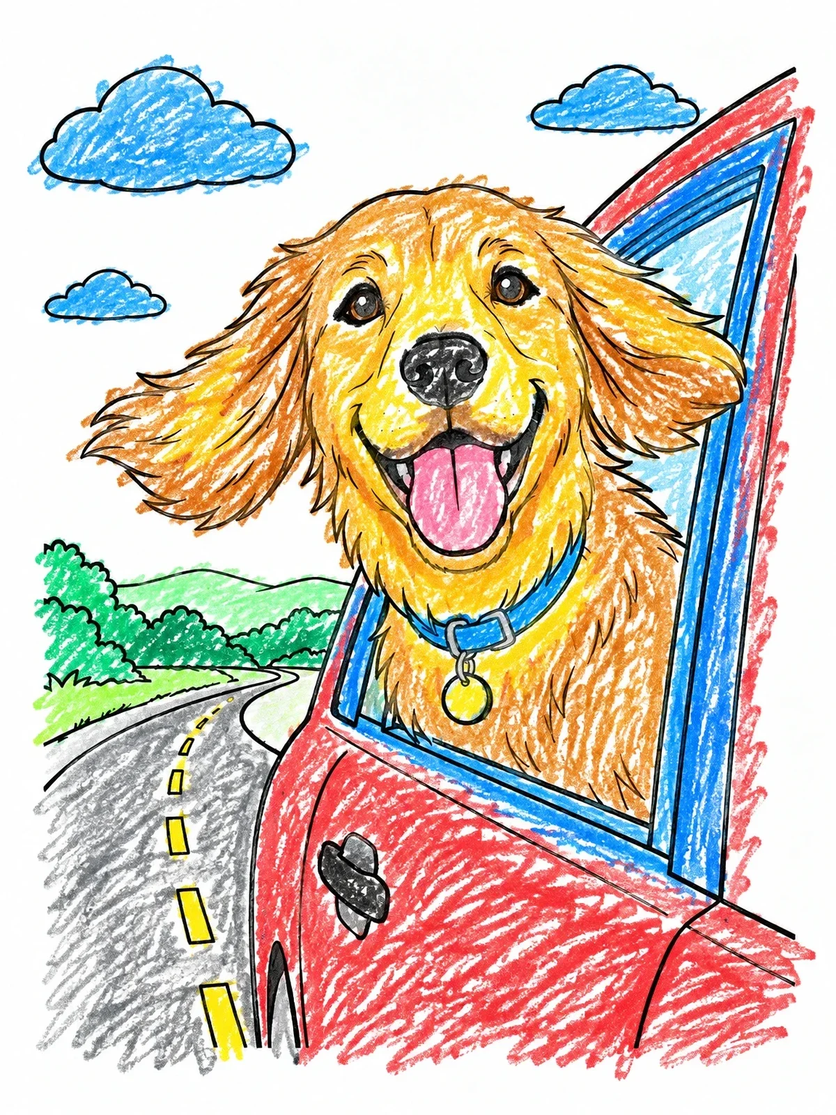 Colored example of the Happy Dog In Car Window coloring page