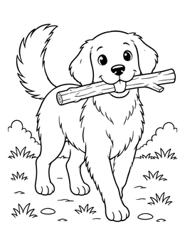 A happy golden puppy carrying a wooden stick outside on this dog coloring page.