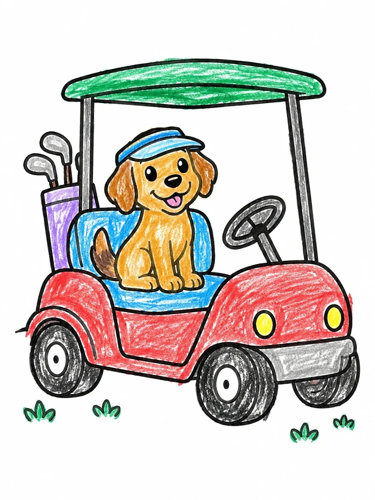 Colored example of the Happy Dog In A Golf Cart coloring page