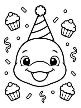 A happy dolphin coloring page showing a smiling dolphin head with party hat and cupcakes.