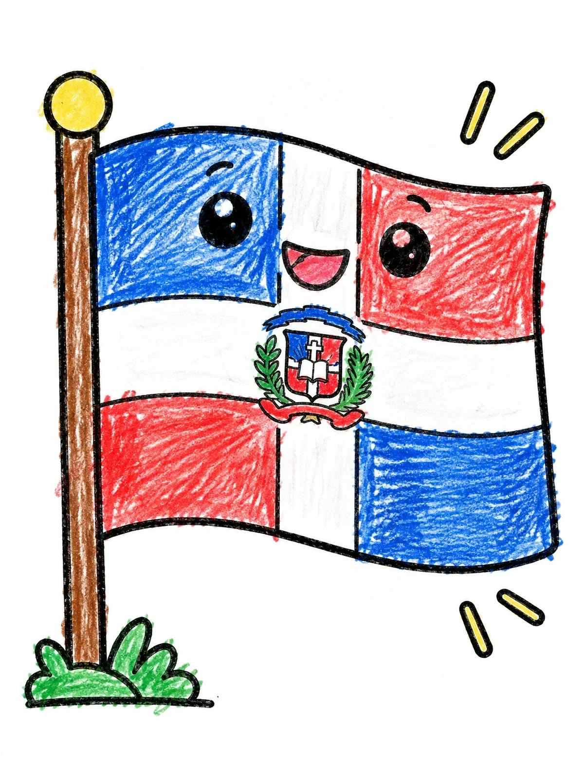 Colored example of the Happy Dominican Republic Flag coloring page