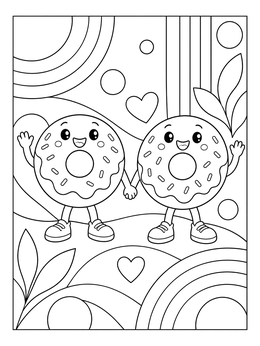 Two smiling cartoon donuts holding hands in this donut coloring page.