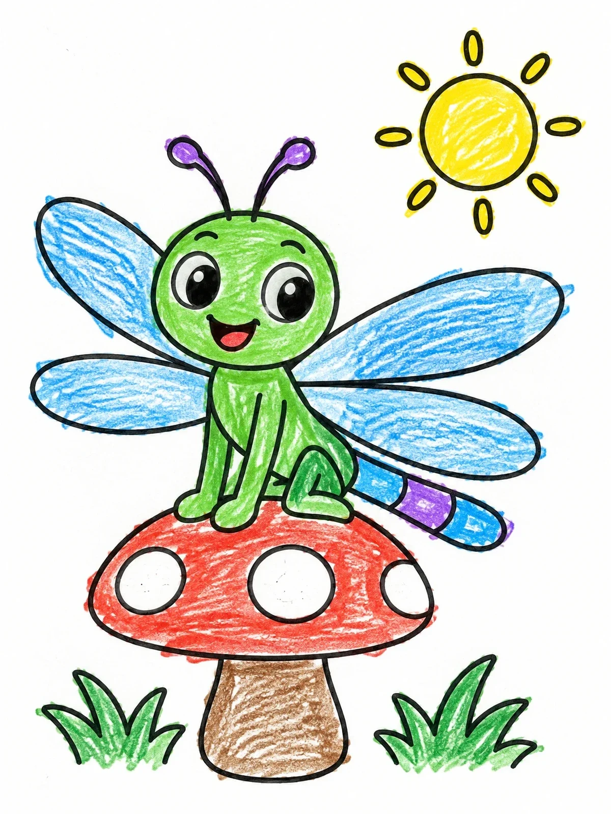 Colored example of the Happy Dragonfly On A Mushroom coloring page