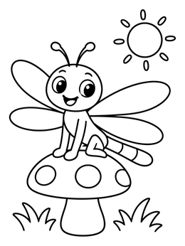 Free printable Happy Dragonfly On A Mushroom coloring page