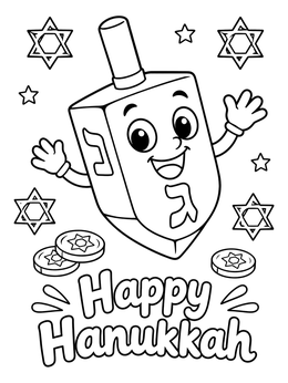 A cheerful cartoon dreidel hanukkah coloring page surrounded by gelt and stars.