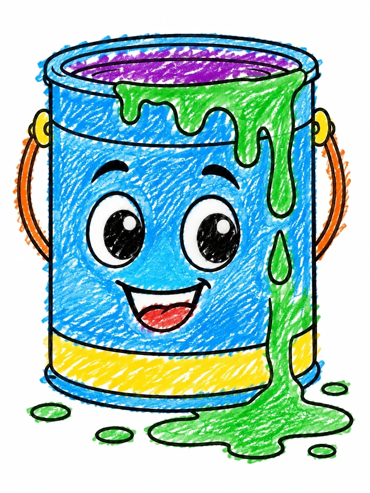 Colored example of the Happy Dripping Paint Can coloring page