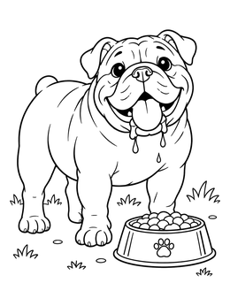 Free printable Happy Drooling Bulldog With Food Bowl coloring page