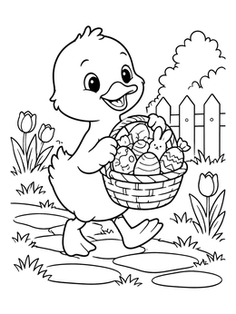 Free printable Happy Duckling With Easter Basket coloring page