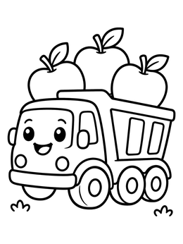 Free printable Happy Dump Truck Carrying Giant Apples coloring page