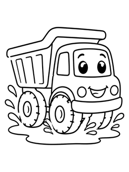 A happy dump truck coloring page showing the cartoon vehicle splashing through a water puddle.