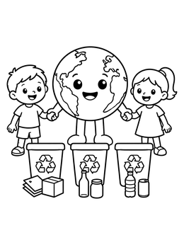 Free printable Happy Earth And Kids Recycling coloring page