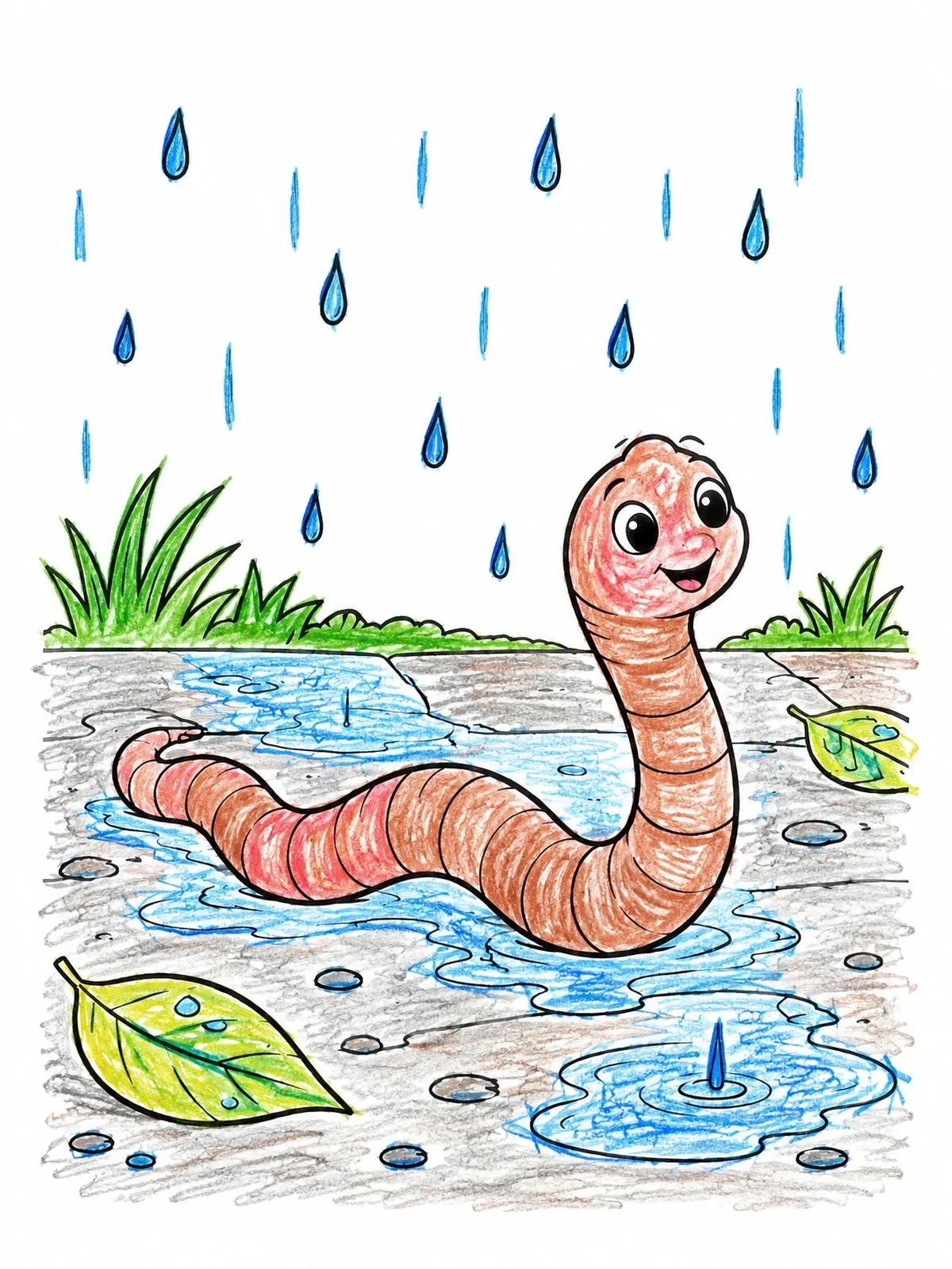 Colored example of the Happy Earthworm In The Rain coloring page