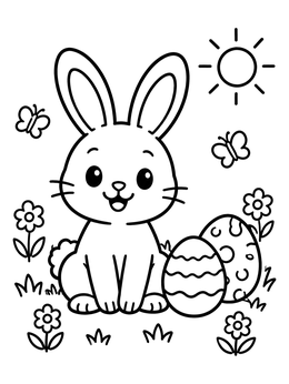 Free printable Happy Easter Bunny With Decorated Eggs coloring page