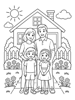 A cheerful family coloring page with parents and two children standing in their sunny garden.