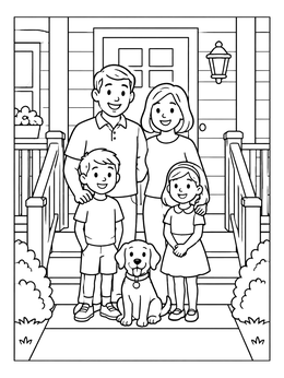A happy family coloring page featuring parents, two kids, and their puppy standing outside on front porch stairs.