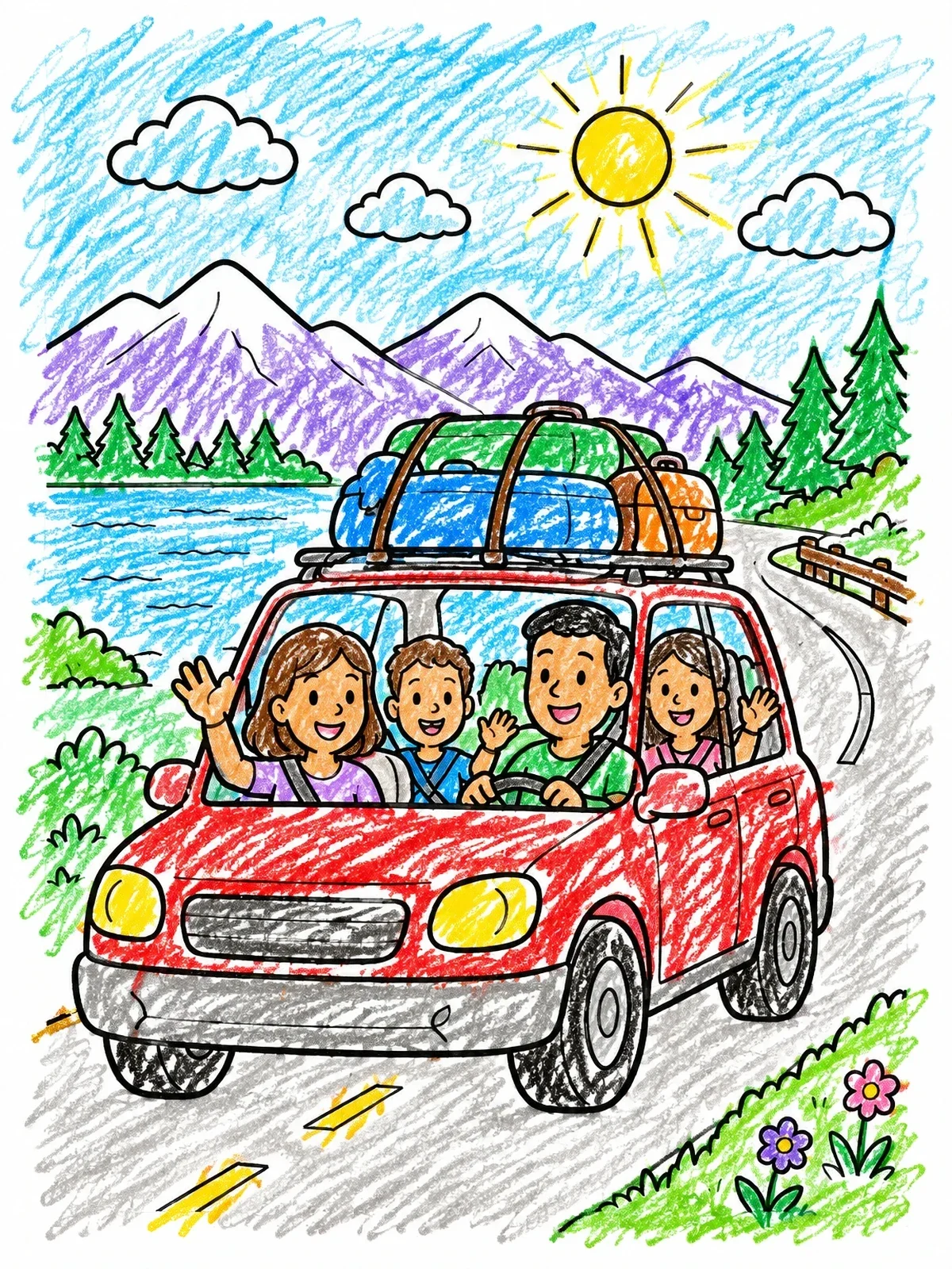 Colored example of the Family Driving On Scenic Mountain Road coloring page