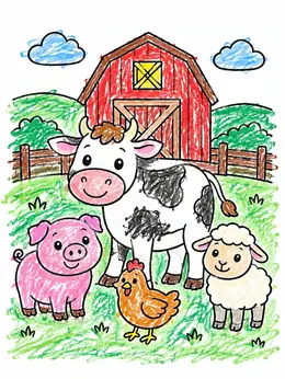 Color Draw Animals Happy Farm Animals By The Barn Coloring Page