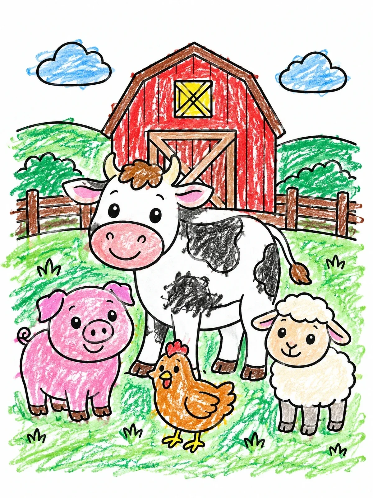 Colored example of the Happy Farm Animals By The Barn coloring page