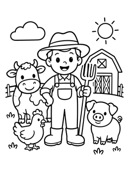 Free printable Happy Farmer With Cute Animals coloring page