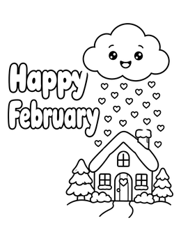 Free printable Happy February Cloud And Cozy Cottage coloring page