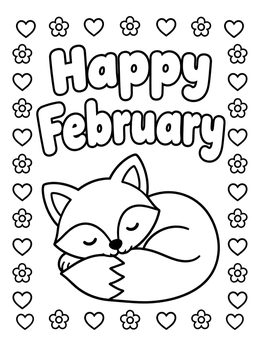 A cute sleeping fox on this february coloring page with heart and flower borders.