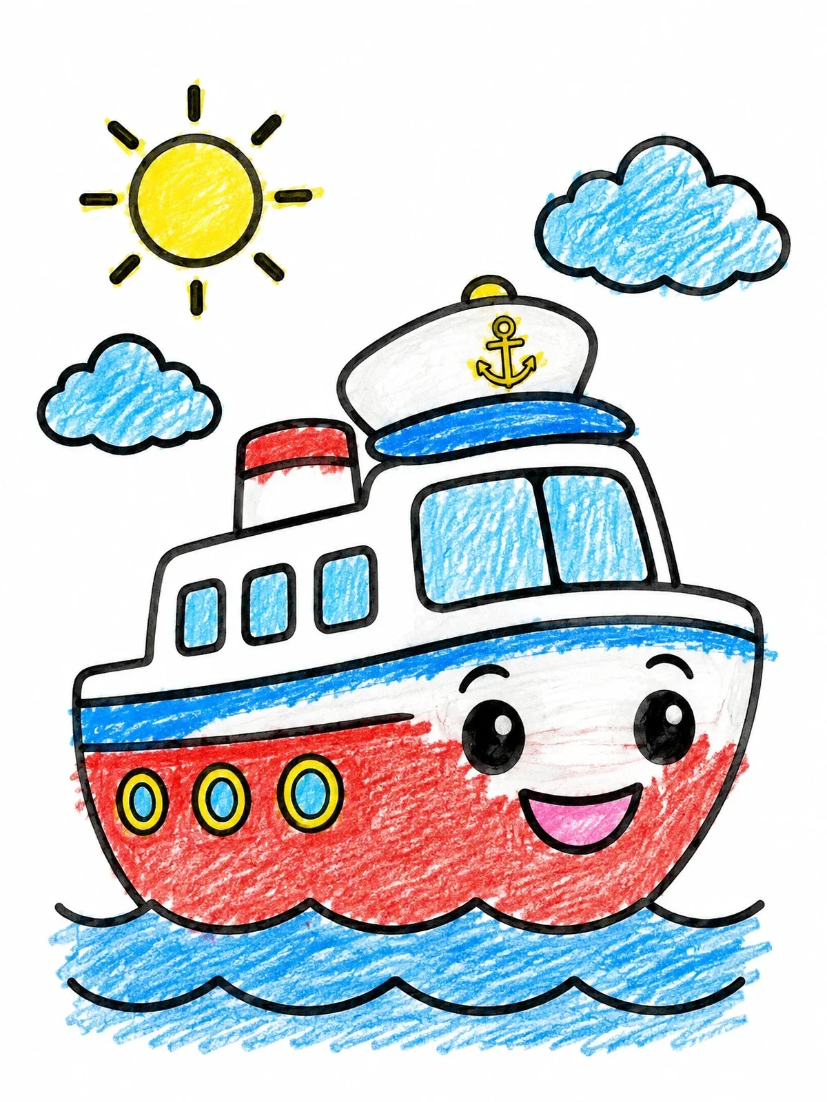 Colored example of the Happy Ferry Boat With Captain Hat coloring page