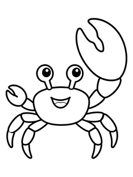 A smiling crab coloring page features a cute fiddler crab holding up its giant claw.