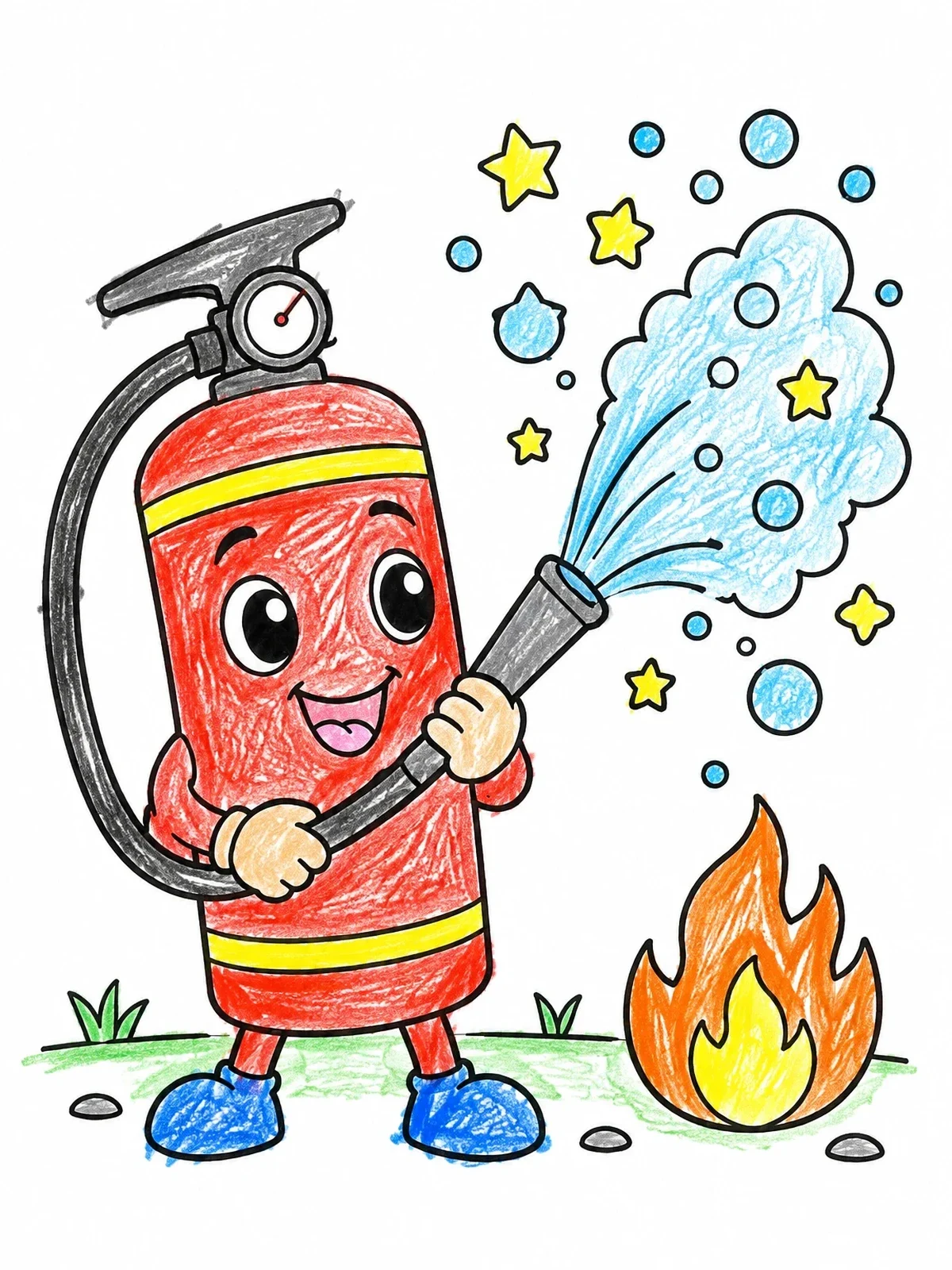 Colored example of the Happy Fire Extinguisher Spraying Foam coloring page