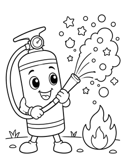 Free printable Happy Fire Extinguisher Spraying Foam coloring page