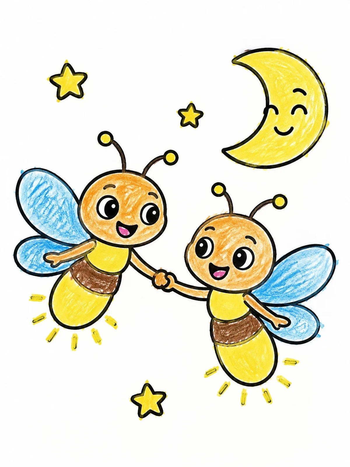 Colored example of the Happy Firefly Friends At Night coloring page