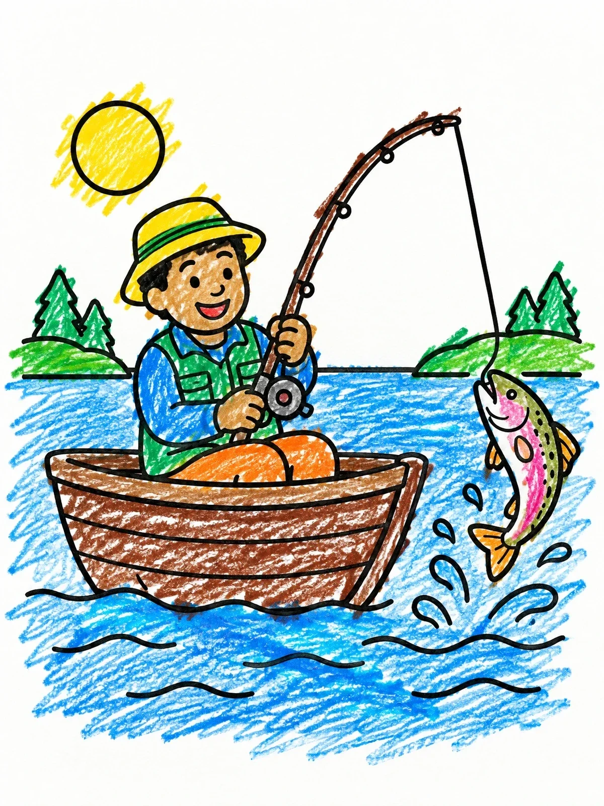 Colored example of the Happy Fisherman Catching A Big Fish coloring page