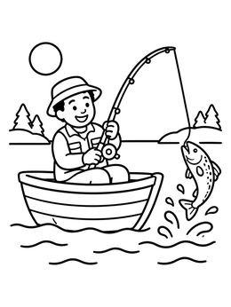 Free printable Happy Fisherman Catching A Big Fish coloring page