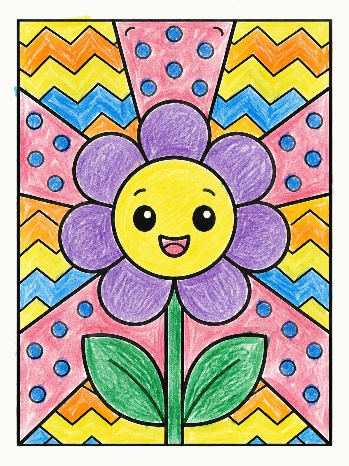 Colored example of the Happy Flower In Geometric Rays coloring page