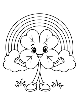 A cheerful cartoon four leaf clover coloring page with a vibrant rainbow and clouds.