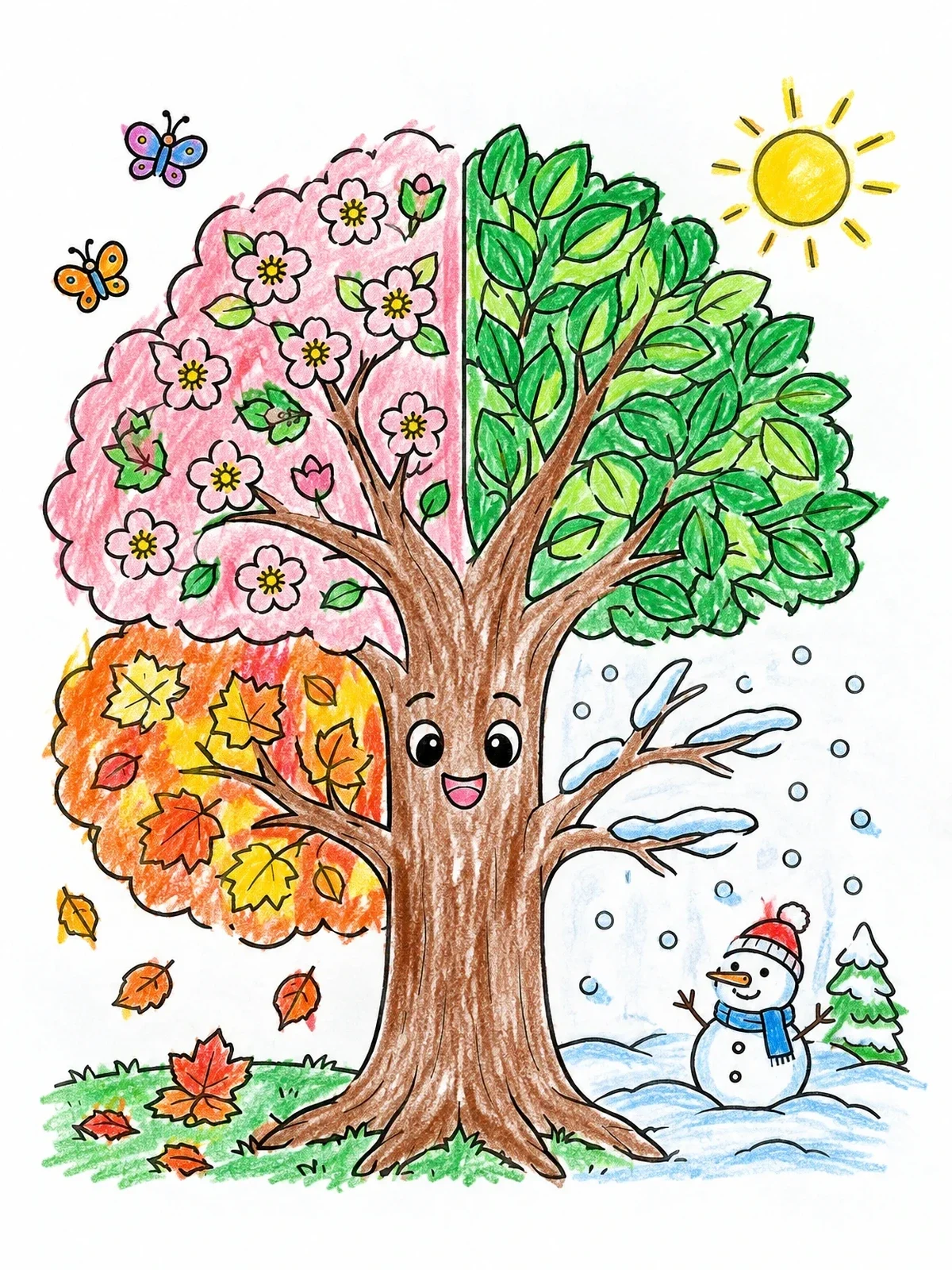 Colored example of the Happy Four Seasons Tree coloring page