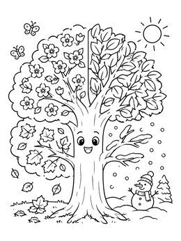 Free printable Happy Four Seasons Tree coloring page