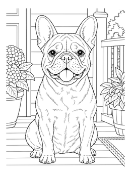 A cheerful french bulldog coloring page showing a pup sitting happily on a wooden porch.