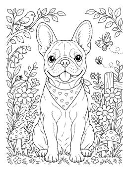 Free printable Happy French Bulldog In The Garden coloring page