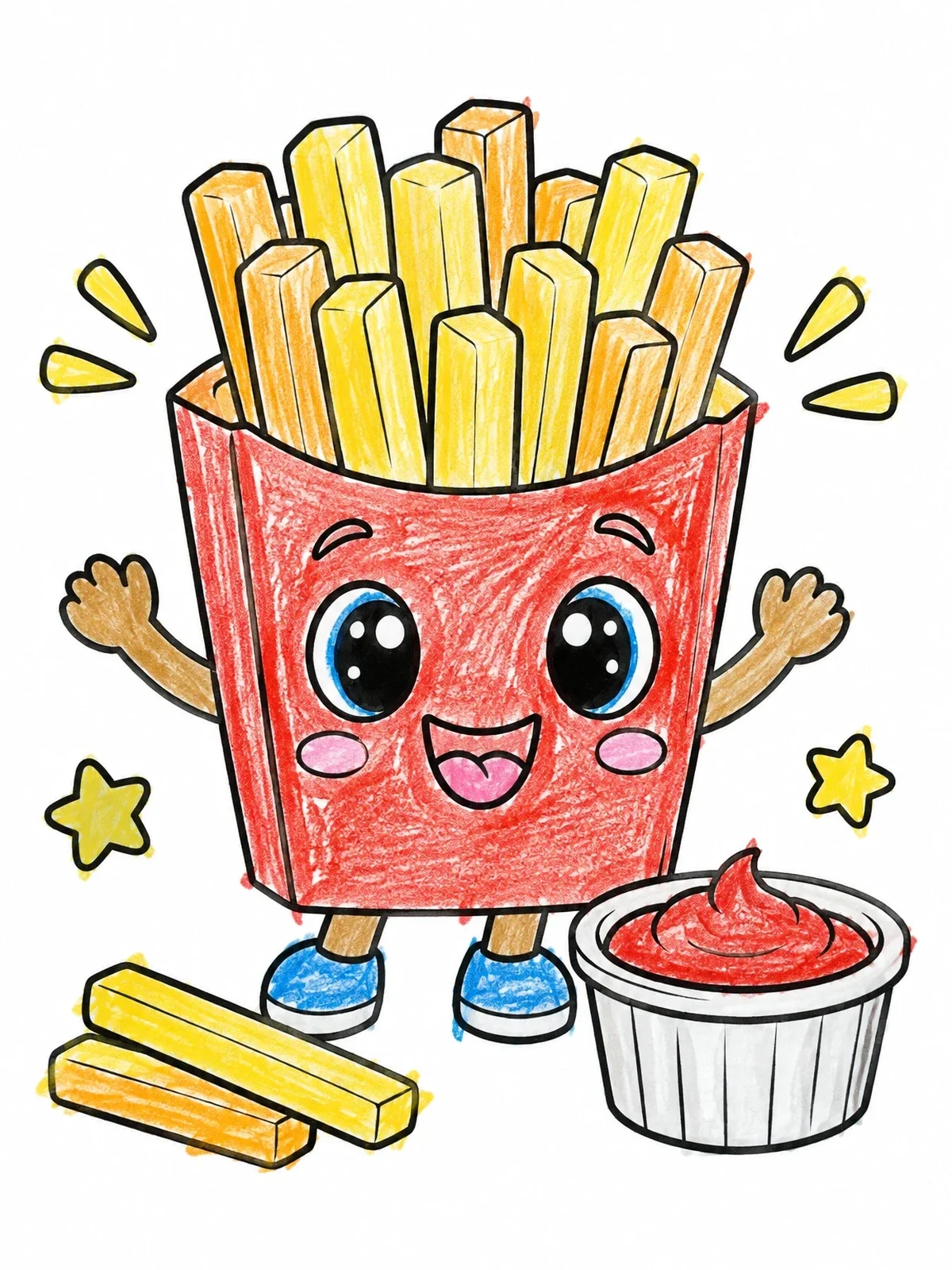 Colored example of the Happy French Fries With Dipping Sauce coloring page