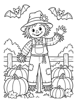 A cheerful scarecrow waves near pumpkins and bats in this happy coloring page.